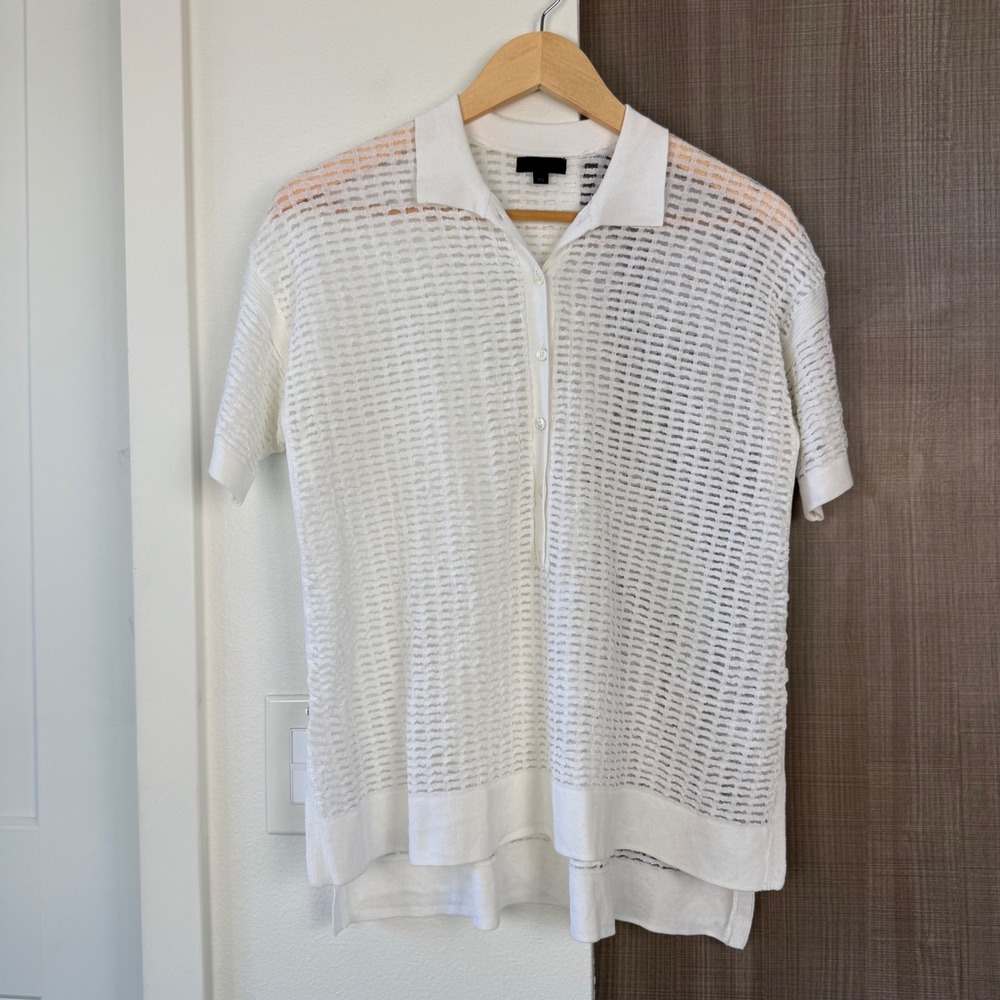J. Crew Collection White Open Knit Button Down Polo Shirt Short Sleeve Size XS - Picture 2 of 10